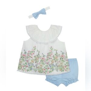 Little Me Floral Embroidered Set with Blue Shorts